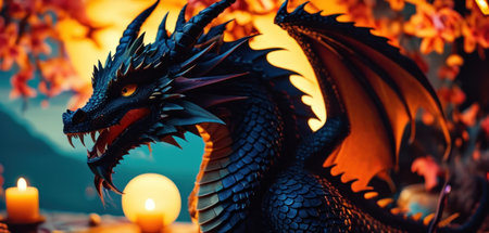 Dragon and candles on the table. Halloween concept. Selective focus.の素材