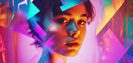 Fashion portrait of young beautiful woman in multicolored neon light.の素材