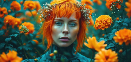 Portrait of a beautiful red-haired girl with flowers in her hair.の素材