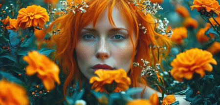 Close-up portrait of a beautiful red-haired girl with freckles on her face in a field of orange flowers.の素材