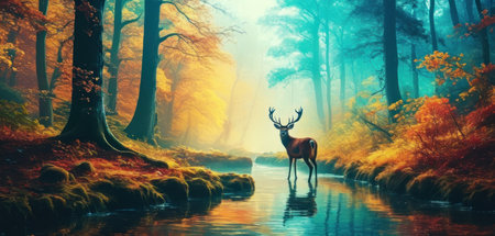 Fantasy landscape with a red deer in a foggy forest.の素材