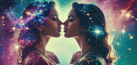 Two beautiful women kissing against starry sky and nebula background.の素材