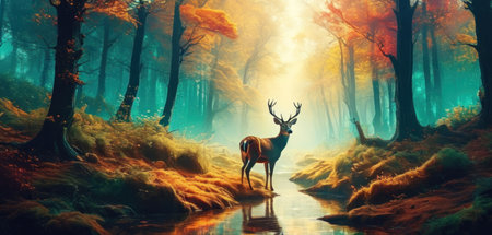 Deer in the forest. Autumn season. 3D rendering.の素材
