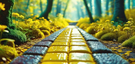 Autumn walkway in the park with yellow flowers and green grassの素材