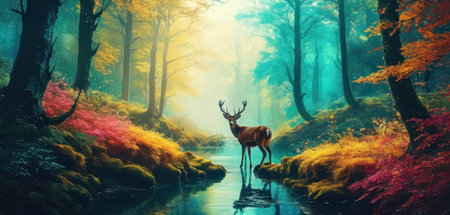 Deer in the forest. Colorful autumn landscape. 3D renderingの素材