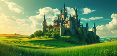 Magic castle on green meadow. Panoramic fantasy landscape.の素材