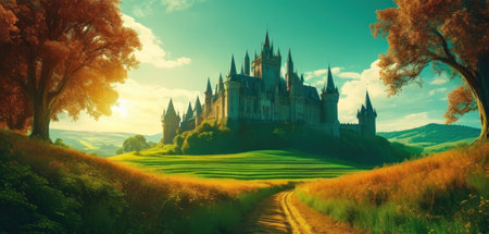 Magic fantasy castle on meadow at sunset. Fairytale landscape. 3D renderingの素材