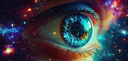 Eye in space with stars and nebula. 3D illustration.の素材