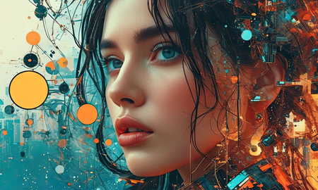 3D illustration of a beautiful girl with long hair and bright make-up.の素材