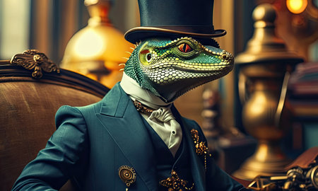 Portrait of a chameleon in a hat and suit.の素材