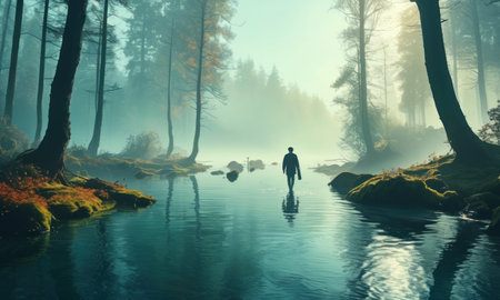 Fantasy landscape with a man walking in the misty forest lakeの素材