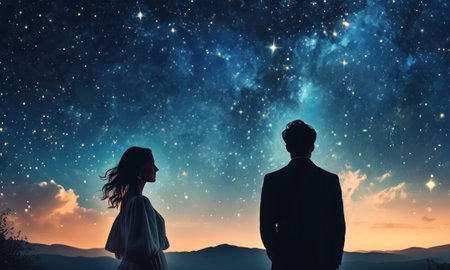 Silhouette of young couple looking at night sky. Mixed mediaの素材