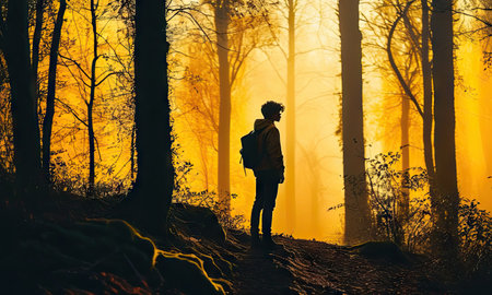 Young man in autumn forest at sunset. Back view of young man with backpack walking in autumn forest.の素材