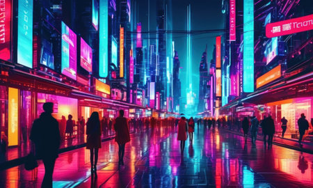 People walk on the street in Shanghai at nightの素材