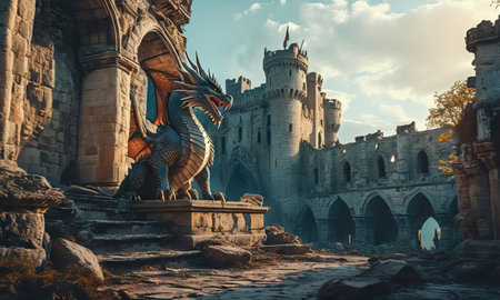 Castle and dragon statue in the old town of Gdansk, Polandの素材