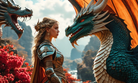 Beautiful woman with dragon statue on background of mountains and sky.の素材