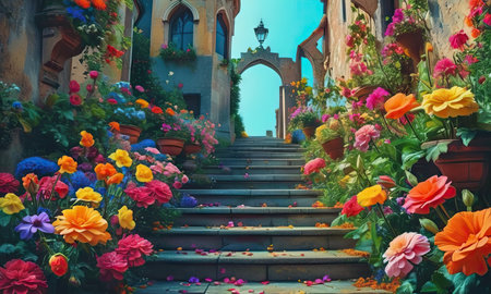 Colorful flower garden with stairs and stair in the old castle.の素材