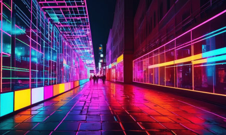 Futuristic corridor at night with neon lights, closeup of photoの素材