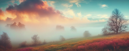 Panoramic landscape of foggy meadow with pink flowers and treesの素材