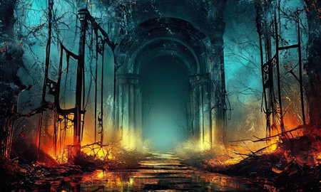 Mysterious halloween background with spooky ruins and fireの素材