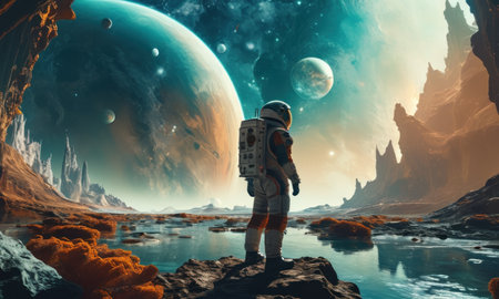 Astronaut on the background of the planet. 3D renderingの素材