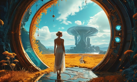 3d illustration of an alien planet with a woman in a white dressの素材