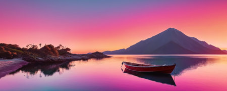 Fishing boat in the lake at sunset. Panoramic imageの素材