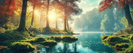 Beautiful autumn landscape with forest lake and trees. Panoramic viewの素材