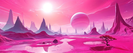 Fantasy alien planet. Mountain and lake. 3D illustration.の素材