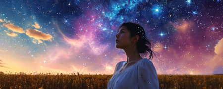 Portrait of a beautiful young woman in the field against the background of the starry sky.の素材