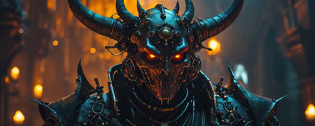 3d illustration of a fantasy warrior with horns and armor in the darkの素材