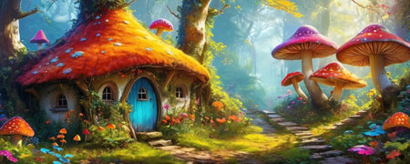 Fantasy fantasy landscape with fantasy houses and mushrooms. Digital painting.の素材
