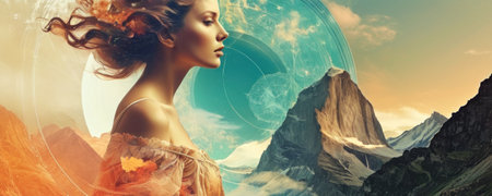 Beautiful woman on the background of high mountains. 3d renderingの素材
