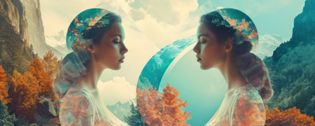 Double exposure of two women and autumn forest. Collage. 3D renderingの素材