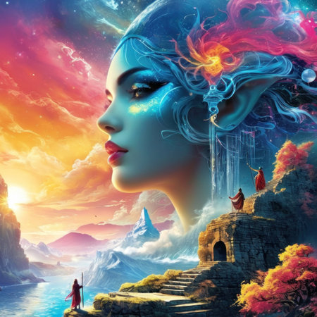 Fantasy landscape with a beautiful woman on the background of the planet.の素材