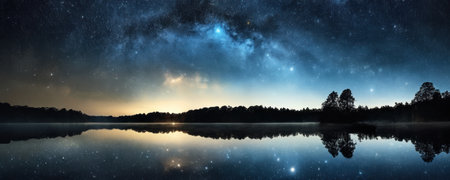 Panoramic view of beautiful night sky with milky way over lake.の素材