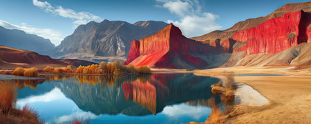 Fantastic panorama of red sandstone cliffs and beautiful lake in Pamir mountains, Tajikistanの素材