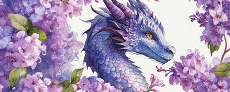 Watercolor illustration of a blue dragon on a background of lilac flowersの素材