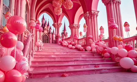 Pink castle with pink balloons and stairs in the park, Thailand.の素材