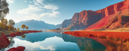 Fantasy alien planet. Mountain and lake. 3D illustration.の素材