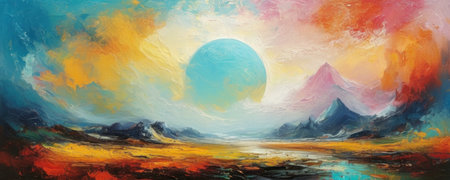 Panorama of the sunset over the sea and mountains. Original painting.の素材