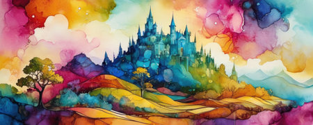 Magic Fairy Tale Castle Watercolor Illustration. Fantasy Landscape.の素材