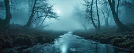 Foggy river in the forest at night, panoramic viewの素材