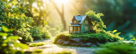 Miniature model house on green nature background. Real estate concept.の素材