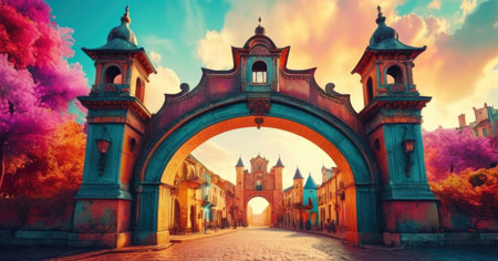 Beautiful fantasy landscape with medieval gate in the old town at sunsetの素材