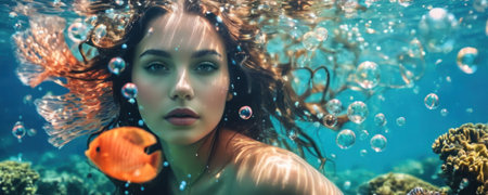 Beautiful young woman underwater portrait. Beauty, fashion. Underwater world.の素材