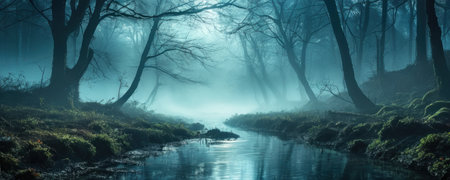 Panoramic view of a forest river in a foggy morningの素材