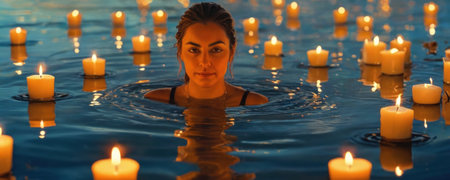 Beautiful young woman in a swimming pool with candles reflected in waterの素材