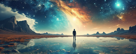 Man standing on the edge of an alien planet. 3D renderingの素材
