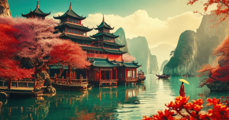 Beautiful landscape with traditional Chinese architecture in Yangshuo Guilin, Chinaの素材
